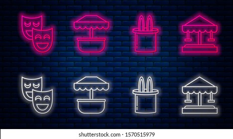 Set line Attraction carousel, Magician hat and rabbit ears, Comedy theatrical masks and Attraction carousel. Glowing neon icon on brick wall. Vector