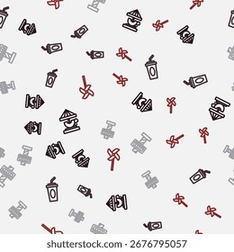 Set line Attraction carousel, Paper glass with water,  and Pinwheel toy on seamless pattern. Vector