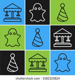 Set line Attraction carousel, Party hat and Ghost icon. Vector