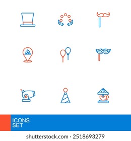 Set line Attraction carousel, Party hat, Cannon, Festive mask, Circus tent, Balloons with ribbon, Paper mustache stick and Juggling ball icon. Vector