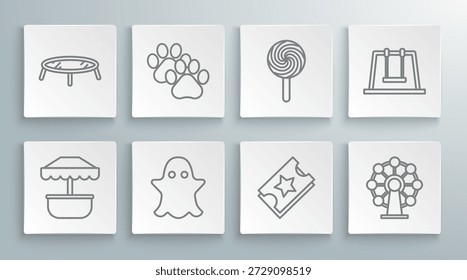 Set line Attraction carousel, Paw print, Ghost, Ticket, Ferris wheel, Lollipop, Swing and Jumping trampoline icon. Vector
