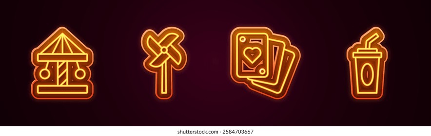 Set line Attraction carousel, Pinwheel toy, Playing cards and Paper glass with water. Glowing neon icon. Vector