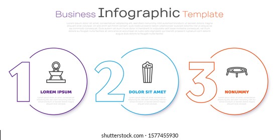 Set line Attraction carousel, Popcorn in cardboard box and Jumping trampoline. Business infographic template. Vector