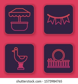 Set line Attraction carousel, Riding kid duck, Carnival garland with flags and Roller coaster. Blue square button. Vector
