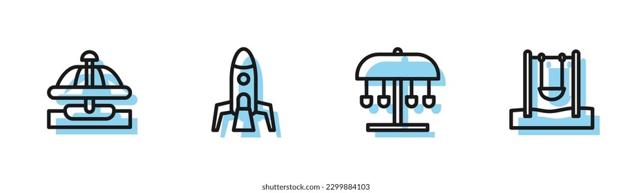 Set line Attraction carousel, , Rocket ship and Swing icon. Vector