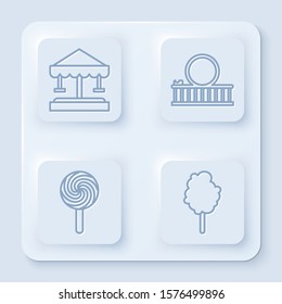 Set line Attraction carousel, Roller coaster, Lollipop and Cotton candy. White square button. Vector