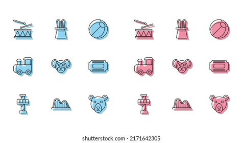 Set line Attraction carousel, Roller coaster, Drum with drum sticks, Bear head, Monkey, Circus ticket, Toy train and Magician hat and rabbit ears icon. Vector