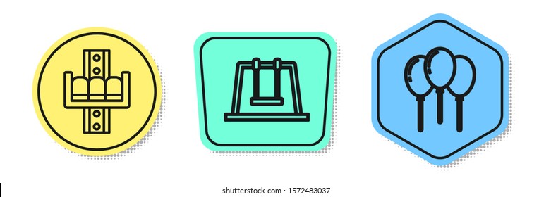 Set line Attraction carousel, Swing and Balloons with ribbon. Colored shapes. Vector