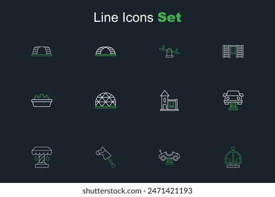 Set line Attraction carousel, Swing, Toy horse, for kids, Playground climbing equipment and Sandbox with sand icon. Vector