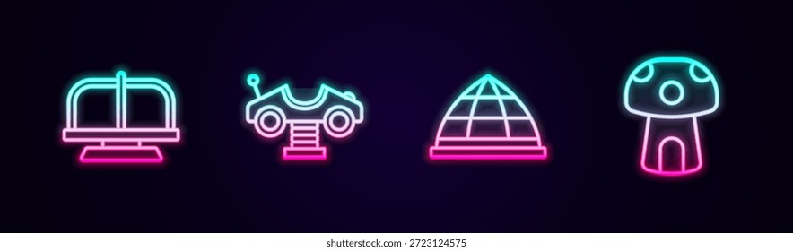 Set line Carrusel de atracciones, columpio, equipo de escalada Playground y casa de setas. Icono de neón brillante. Vector