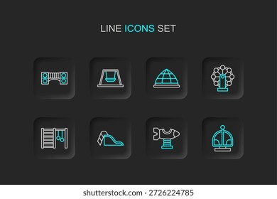 Set line Carrossel de atração, Plano de balanço, Deslizar playground, Parede sueca, para crianças, equipamento de escalada Playground, roda-gigante e ícone de ponte. Vetor