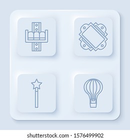 Set line Attraction carousel, Ticket, Magic wand and Hot air balloon. White square button. Vector
