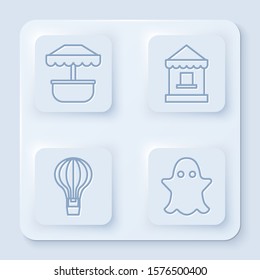 Set line Attraction carousel, Ticket box office, Hot air balloon and Ghost. White square button. Vector