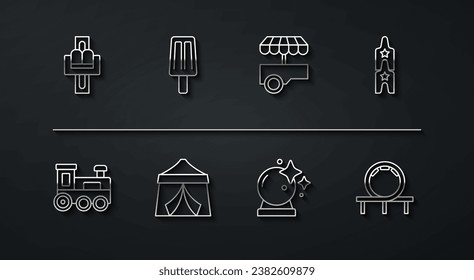 Set line Attraction carousel, Toy train, Circus ticket, Magic ball, tent, Ice cream, Roller coaster and Fast street food cart icon. Vector