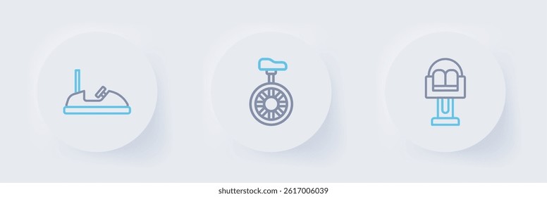 Set line Attraction carousel, Unicycle or one wheel bicycle and Bumper icon. Vector
