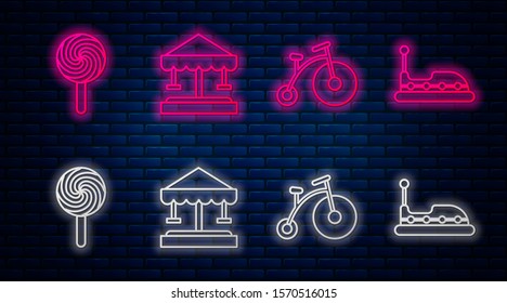 Set line Attraction carousel, Vintage bicycle with one big wheel and one small, Lollipop and Bumper car. Glowing neon icon on brick wall. Vector