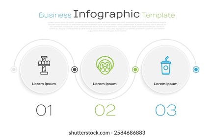 Set line Attraction carousel, Wild lion and Paper glass with water. Business infographic template. Vector