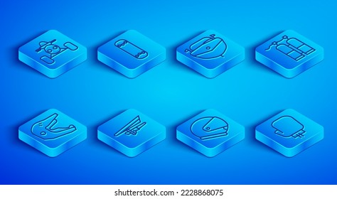 Set line ATV motorcycle, Skateboard trick, Speedboat, Hang glider, Helmet, Aqualung, Motocross helmet and Boxing glove icon. Vector