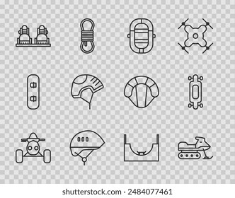 Set line ATV motorcycle, Snowmobile, Rafting boat, Bicycle helmet, Snowboard, Helmet, Skate park and Longboard skateboard icon. Vector