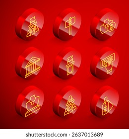 Set line Auction ancient vase, Hand holding auction paddle, jewelry sale, Museum building, Bid,  and auctioneer sells icon. Vector