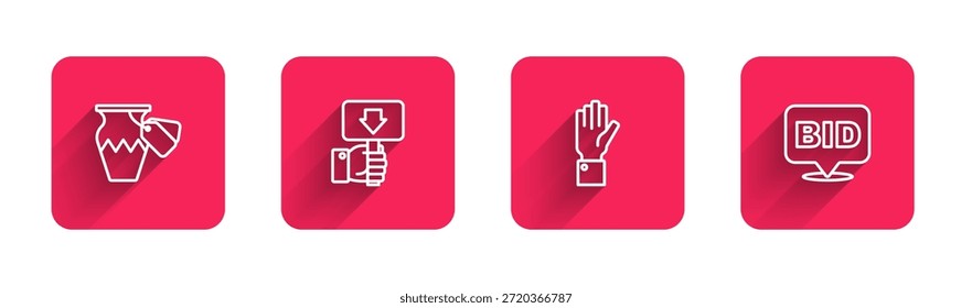 Set line Subasta de jarrones antiguos, Mano que sostiene la paleta de la subasta, y Puja con sombra larga. Botón cuadrado rojo. Vector