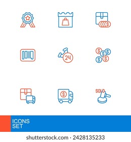 Set line Auktionshammer, gepanzerter LKW, Lieferladung, Dollar-Symbol, Barcode, Telefon 24 Stunden Support, Artikel Preisschild mit Dollar und Einkaufstag-Symbol. Vektor
