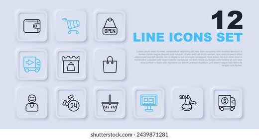 Set line Auction hammer, Armored truck, Shopping day, Online shopping screen, Delivery cargo, Telephone 24 hours support, cart and basket icon. Vector