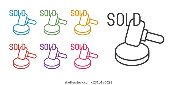 Set line Auction hammer icon isolated on white background. Gavel - hammer of judge or auctioneer. Bidding process, deal done. Auction bidding. Set icons colorful. Vector