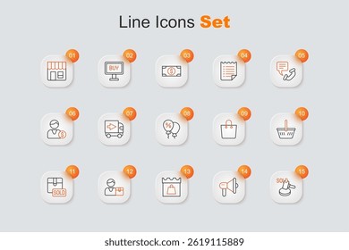 Set line Auction hammer, Megaphone, Shopping day, Buyer, Sold, basket, Paper shopping bag and Discount percent tag icon. Vector