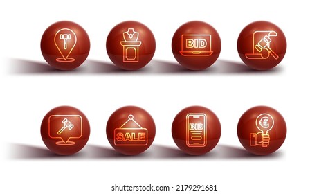 Set line Auction hammer, Online auction, Price tag with Sale, jewelry sale, Hand holding paddle and  icon. Vector