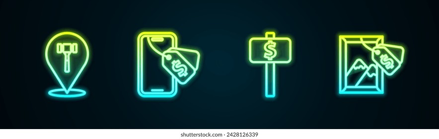 Set line Auction hammer, Online auction, Hand holding paddle and painting. Glowing neon icon. Vector