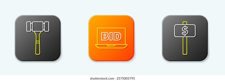 Set line Auction hammer, Online auction and Hand holding paddle icon. Vector