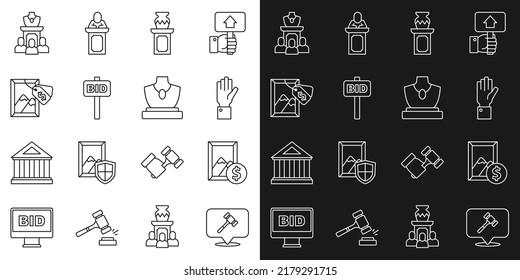 Set line Auction hammer, painting, Hand holding auction, ancient vase, paddle, jewelry sale and  icon. Vector