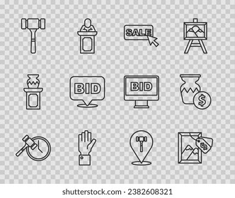 Set line Auction hammer, painting, Price tag with Sale, Hand holding auction, Bid,  and ancient vase icon. Vector