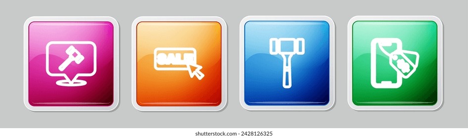 Set line Auction hammer, Price tag with Sale,  and Online auction. Colorful square button. Vector