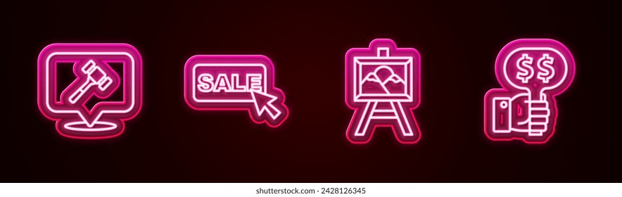 Set line Auction hammer, Price tag with Sale, painting and Hand holding auction paddle. Glowing neon icon. Vector