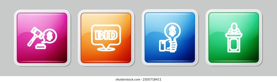 Set line Auction hammer price, Bid, Hand holding auction paddle and auctioneer sells. Colorful square button. Vector