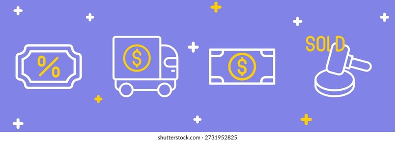 Set line Auction hammer, Stacks paper money cash, Armored truck and Discount percent tag icon. Vector