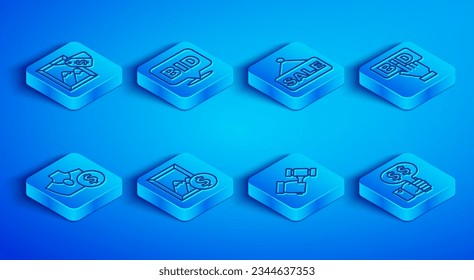 Set line Auction painting, Bid, Price tag with Sale, hammer, jewelry sale and Hand holding auction paddle icon. Vector