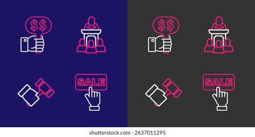 Set line Auction painting, hammer, auctioneer sells and Hand holding paddle icon. Vector