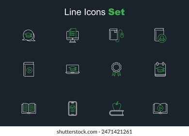 Set line Hörbuch, Buch mit Apple, Online-Quiz, Test, Umfrage, Open, Bildung, Diplom, Graduation Cap Laptop und Icon. Vektorgrafik