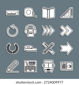 Set line Audio book, Arrow, Open, Refresh, Ruler and  icon. Vector