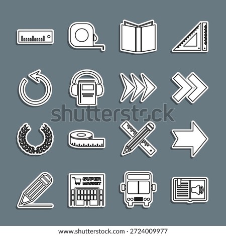 Set line Audio book, Arrow, Open, Refresh, Ruler and  icon. Vector
