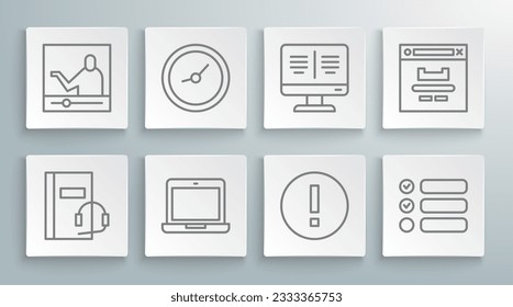 Set line Audio book, Clock, Laptop, Information, Task list, Online monitor, Browser window and education icon. Vector
