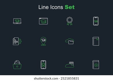 Set line Audio book, Cloud or online library, Online education with diploma, Student working laptop, Book,  and Exam sheet plus grade icon. Vector
