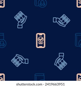 Set line Audio book, Book donation and Online quiz, test, survey on seamless pattern. Vector