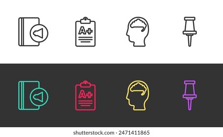 Set line Audio book, Exam sheet with plus grade, Human brain and Push pin on black and white. Vector