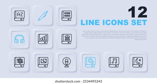 Set line Audio book, Holy of Koran, Financial, Book about women, Headphones, geometry, Pen and Microphone icon. Vector