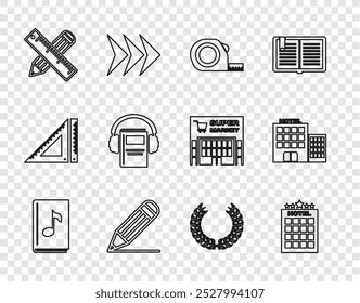 Set line Hörbuch, Hotelgebäude, Roulettebau, Bleistift und Linie, Kreuzlineal Bleistift, Lorbeerkranz und Ikone. Vektorgrafik