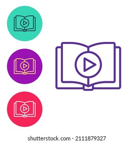 Establecer línea Icono de libro de audio aislado en fondo blanco. Reproducir botón y libro. Señal de guía de audio. Concepto de aprendizaje en línea. Indique los iconos en colores. Vector